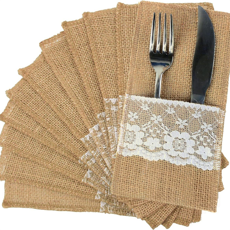 Wedding Supply Rentals - Burlap Lace Cutlery Pouch Hessian Rustic