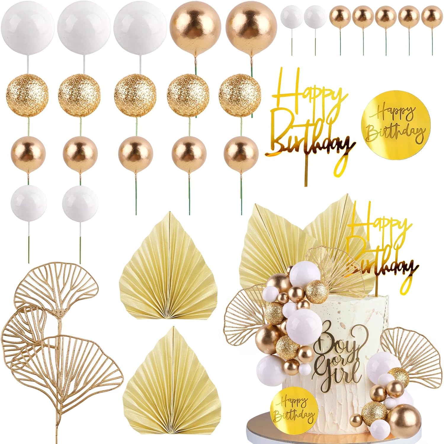 White Gold Balls Cake Toppers  - Confetti Balloon Set ulasan dan harga