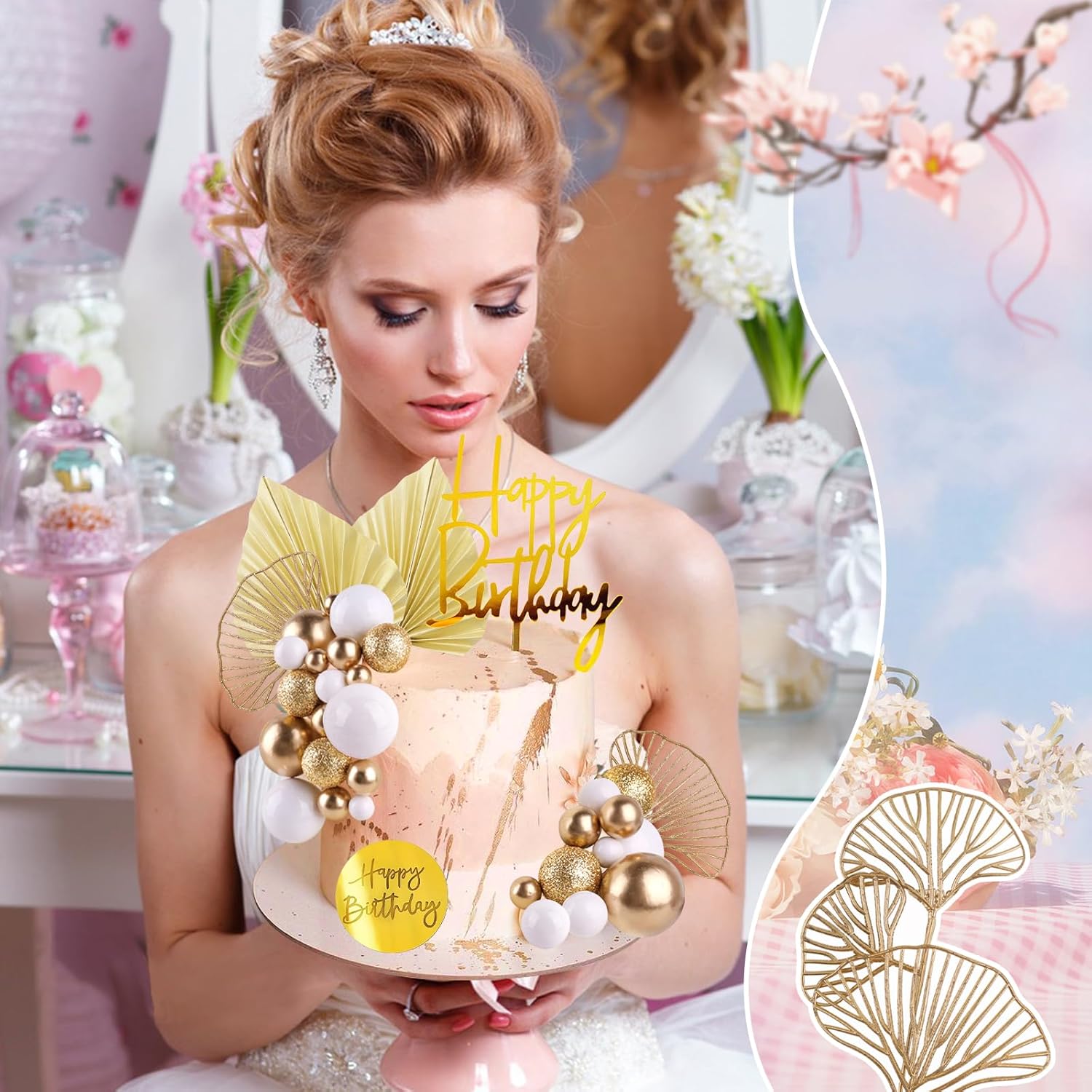 White Gold Balls Cake Toppers  - Confetti Balloon Set ulasan dan harga