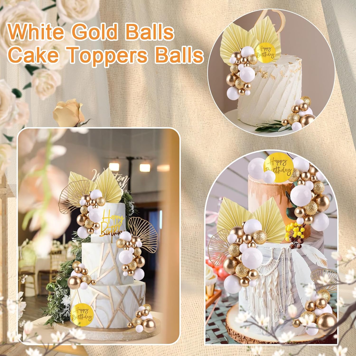 White Gold Balls Cake Toppers  - Confetti Balloon Set ulasan dan harga