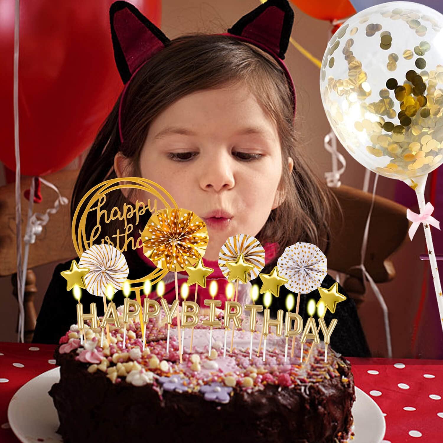 Gold Birthday Candles Set with - Confetti Balloon Set ulasan dan harga